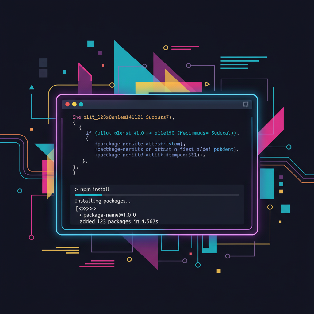 developer terminal running npm install command, cyberpunk web3 style, neon glow