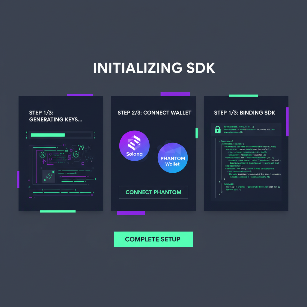 code editor initializing SDK with keys, solana phantom wallet icons, aggressive futuristic UI