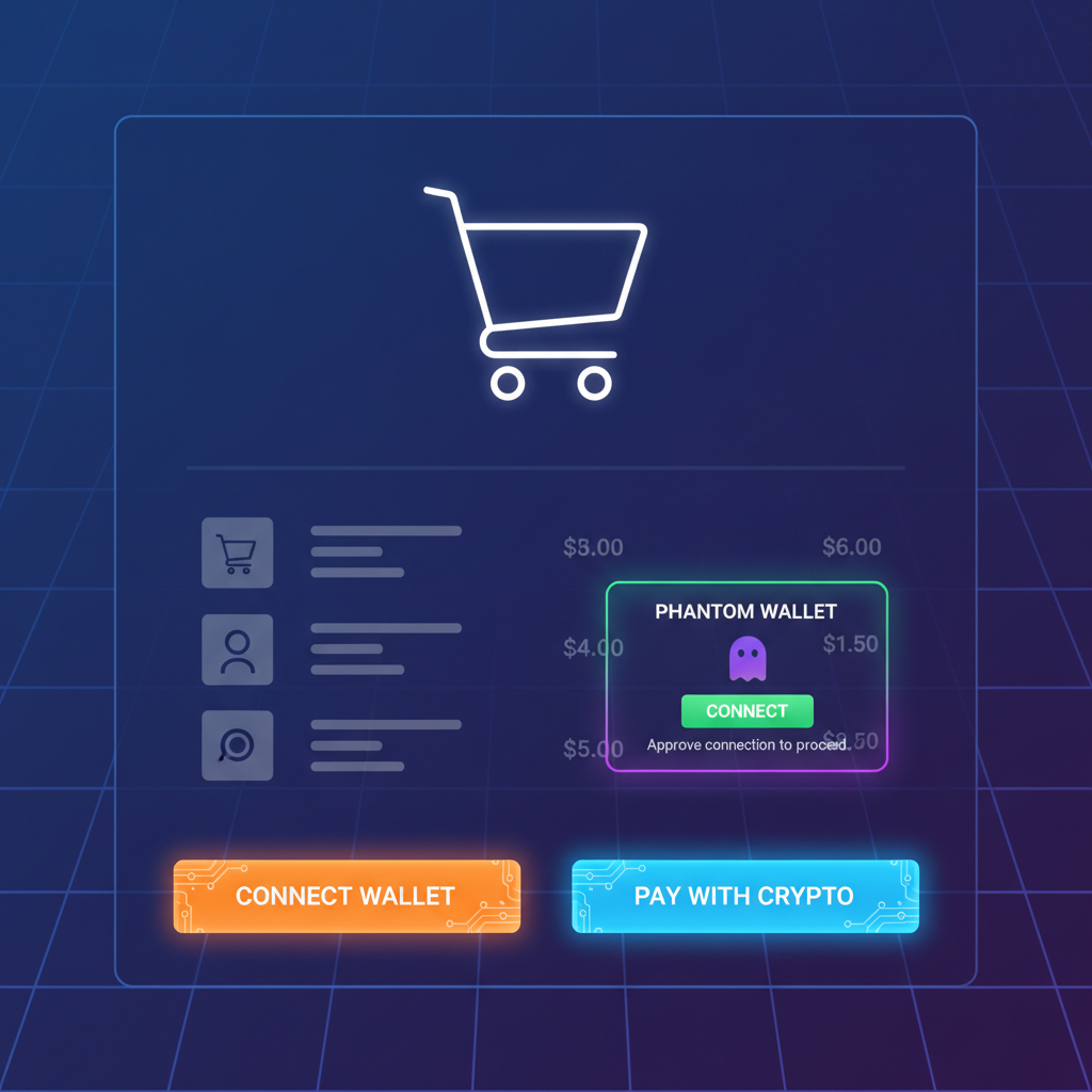 ecommerce cart with glowing connect and pay buttons, phantom wallet popup, web3 neon aesthetics