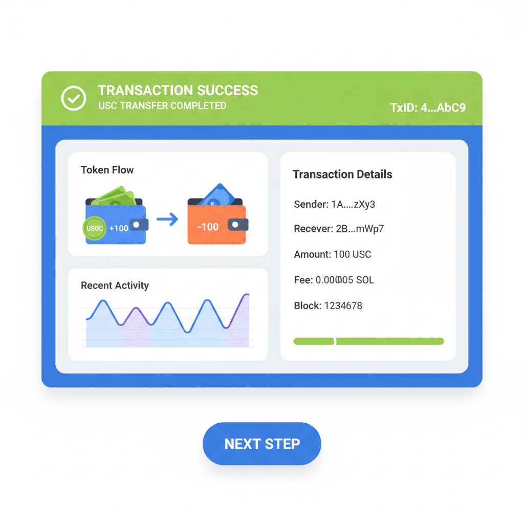 solana testnet explorer showing USDC transfer success, charts and wallet animations, high-tech dashboard