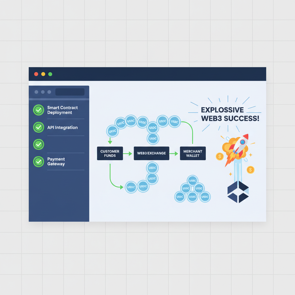 live production dashboard with green checkmarks, USDC flowing into merchant wallet, explosive web3 success graphic