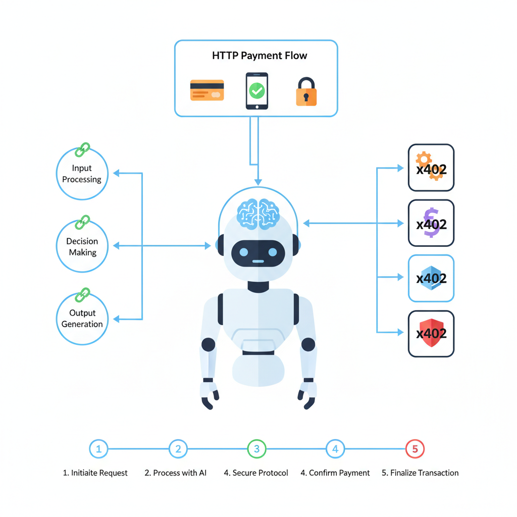 AI robot agent diagram connected to HTTP payment flow, LangChain nodes, x402 protocol icons