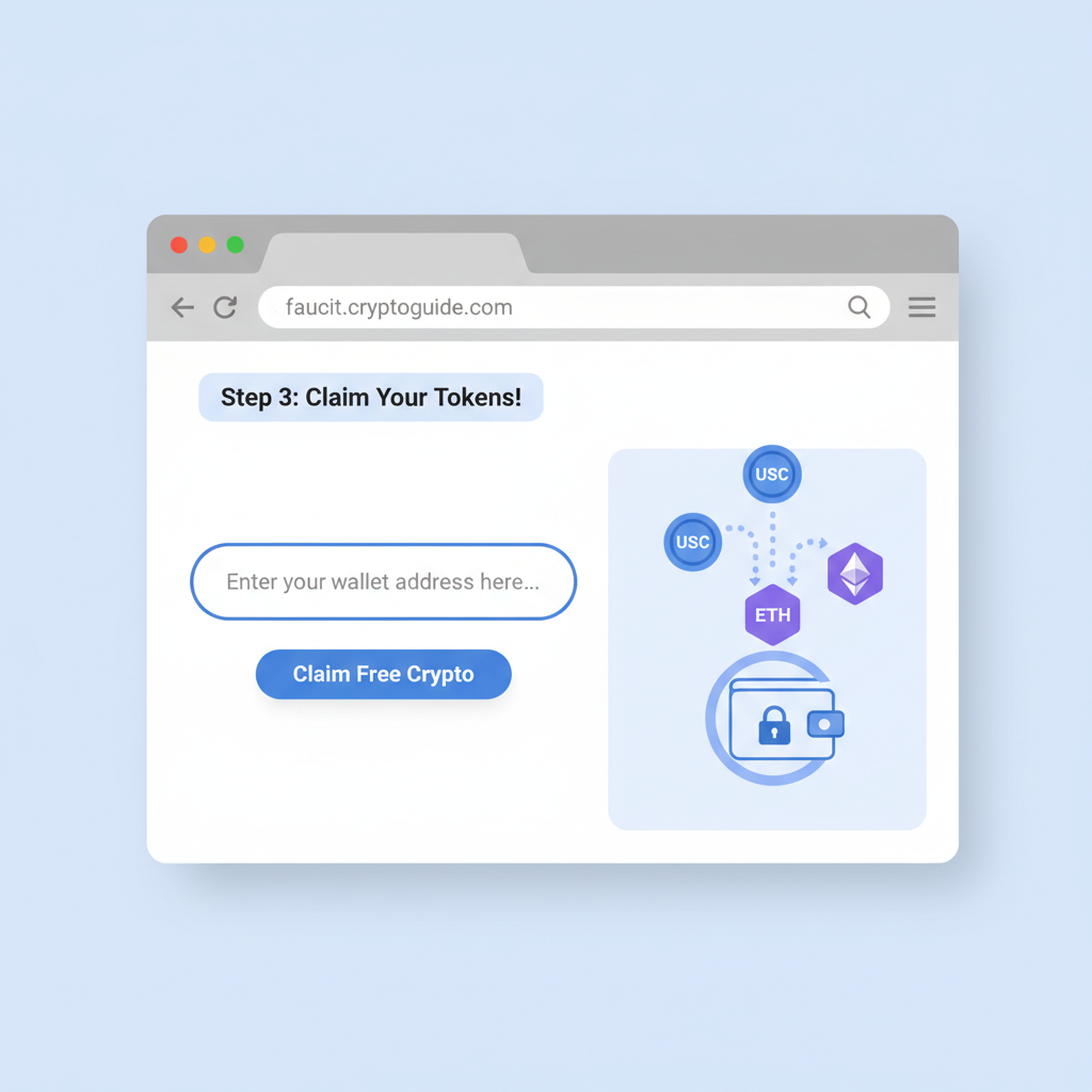 web browser showing crypto faucet interface, wallet address input, USDC and ETH icons flowing in