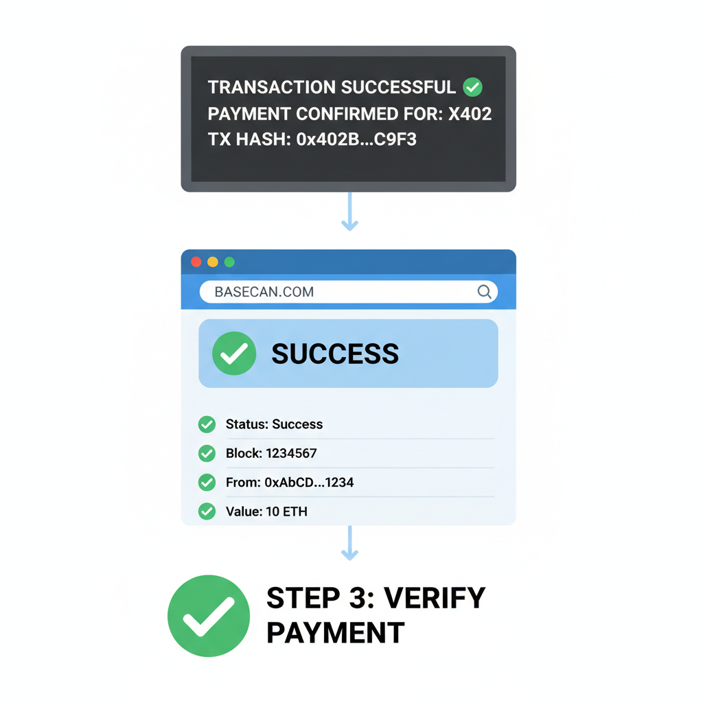 terminal output showing successful x402 payment tx hash, Basescan explorer screenshot, green checkmarks