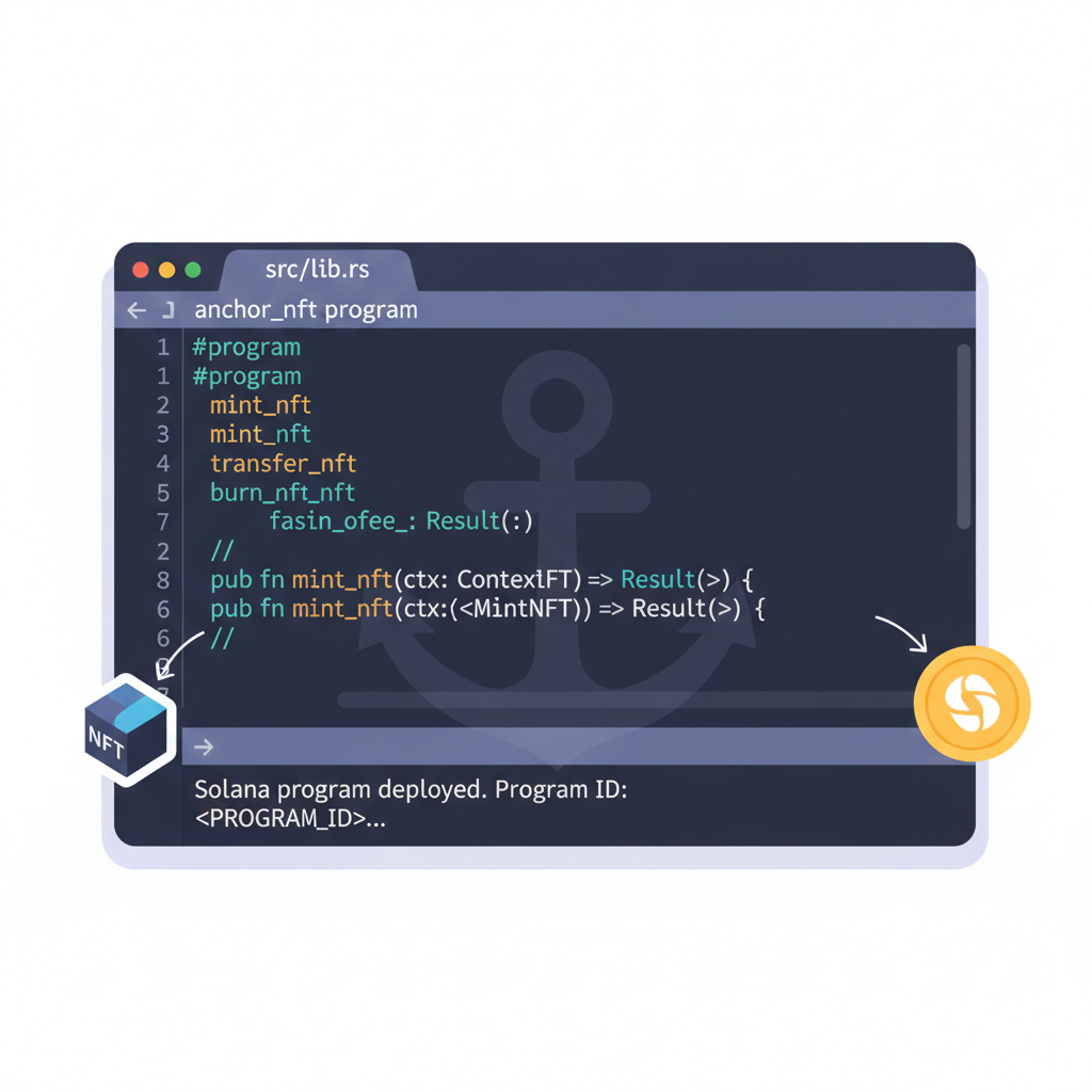Rust code editor writing Anchor Solana NFT program