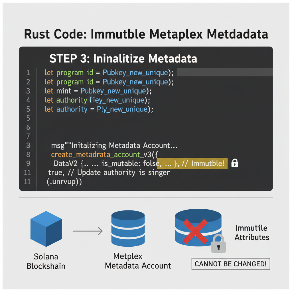 rust code initializing metaplex metadata with immutable attributes