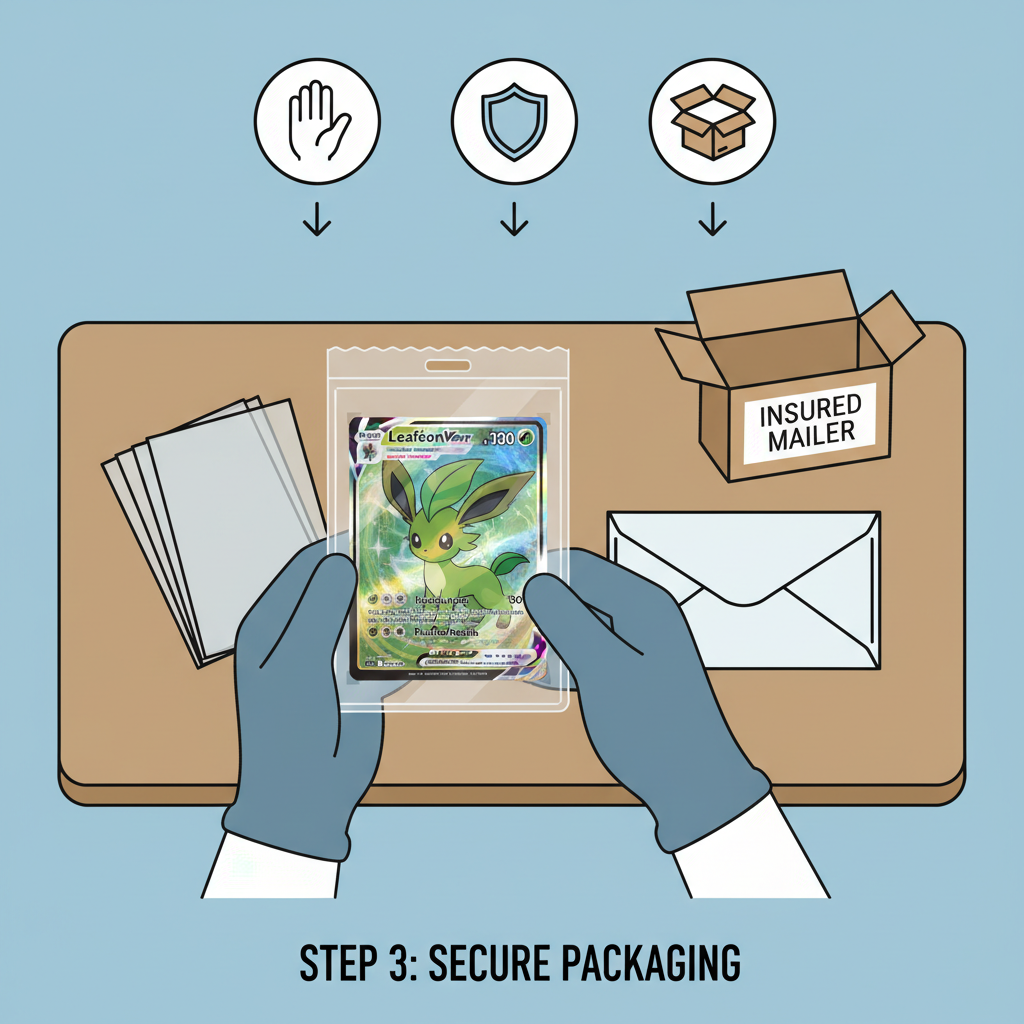 person carefully packaging shiny PSA 10 Leafeon VMAX Pokemon card in sleeves and insured mailer box, professional setup