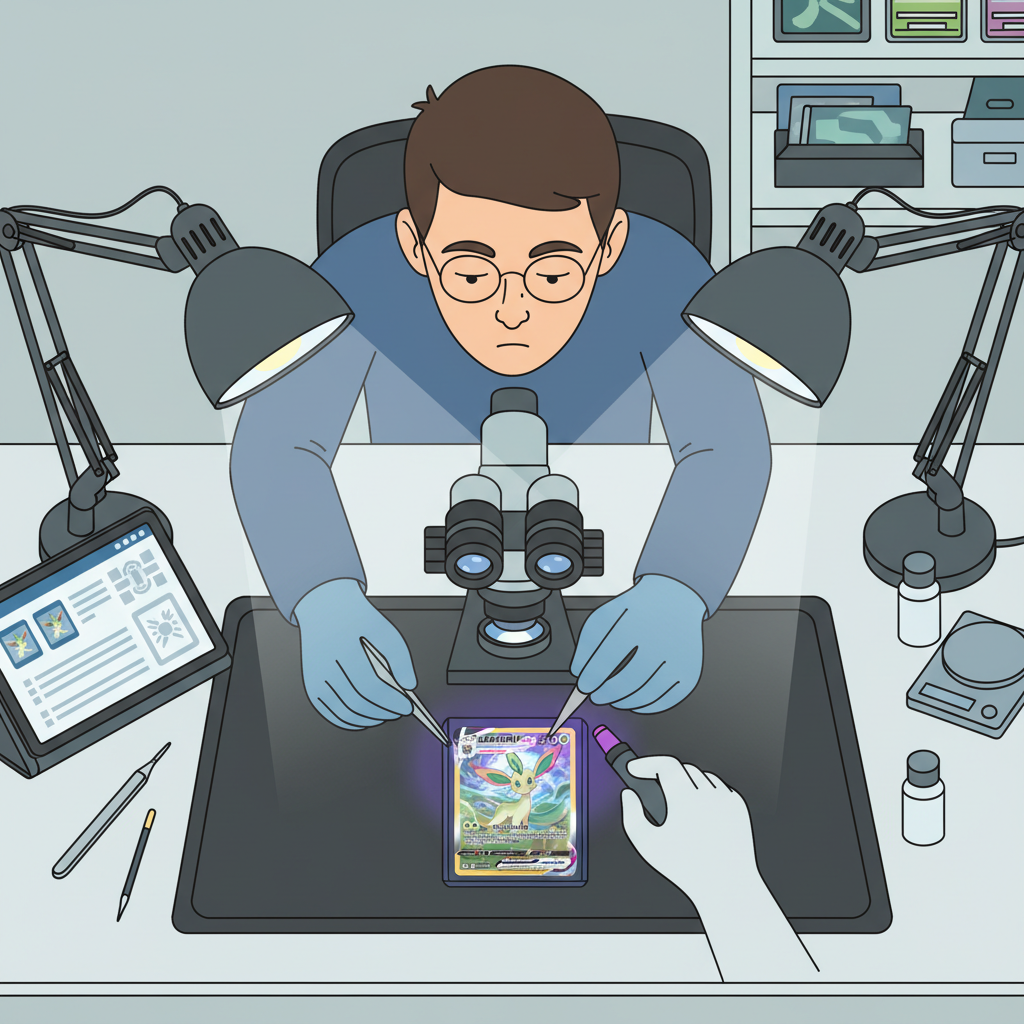 expert authenticator examining PSA graded Pokemon Leafeon VMAX card under microscope and lights, detailed verification process
