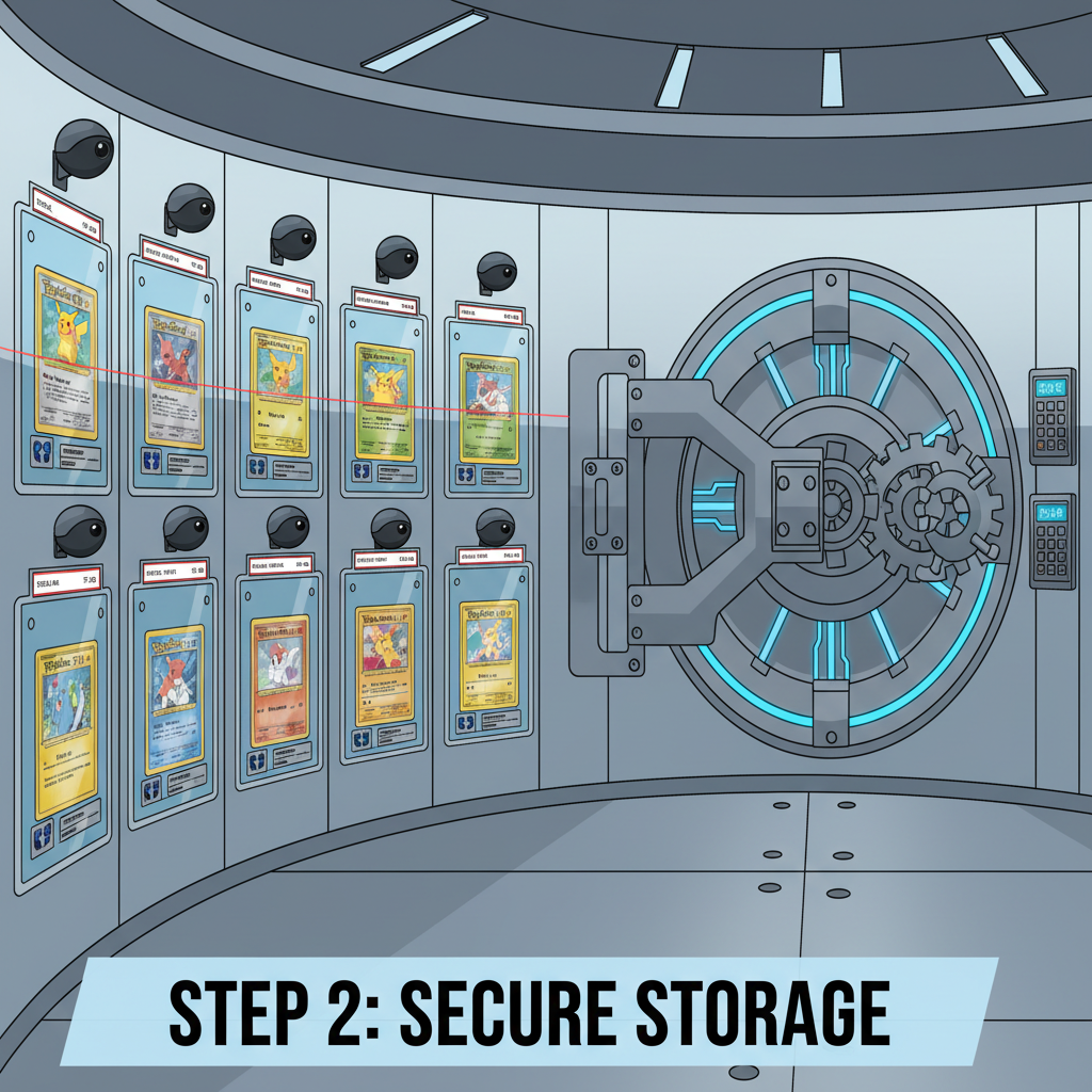 secure high-tech vault storing graded Pokemon cards in protective cases, surveillance cameras and locks visible