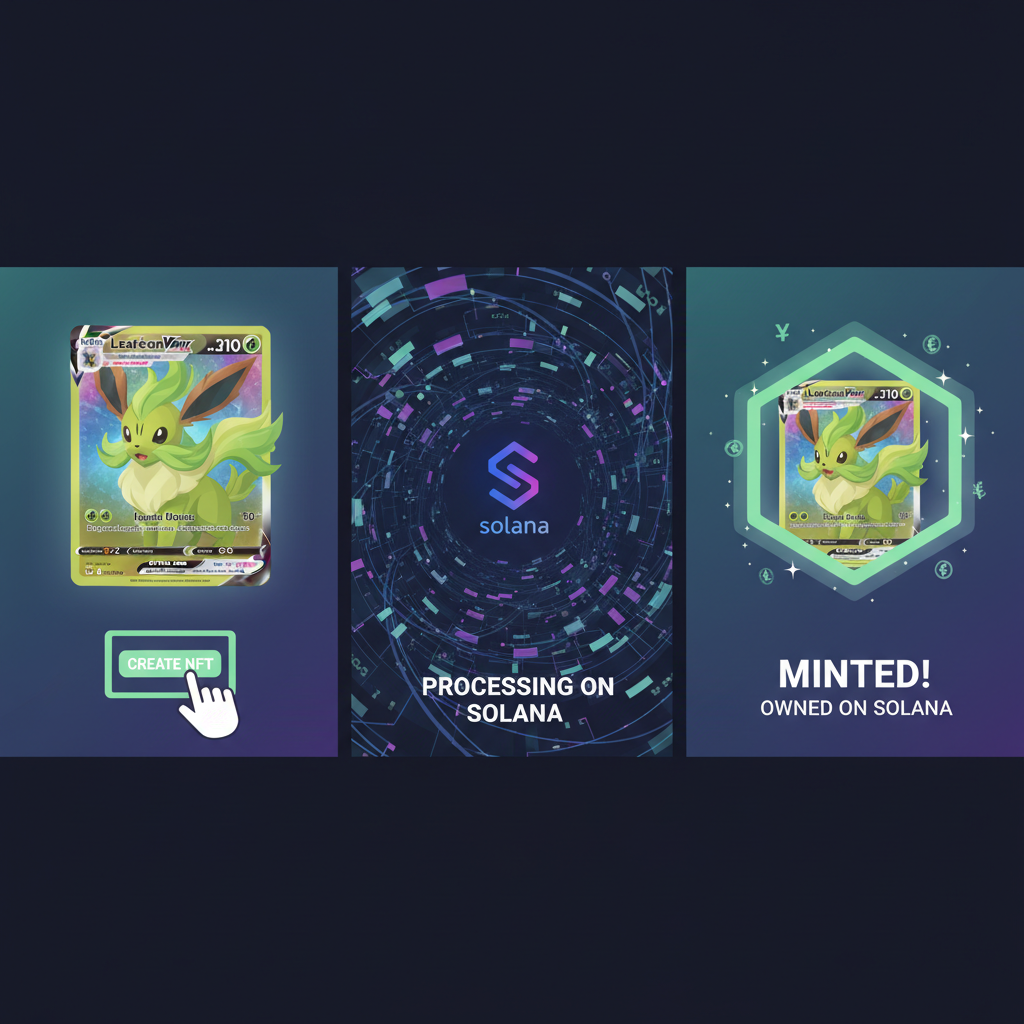 digital minting process of Leafeon VMAX Pokemon NFT on Solana blockchain, glowing token with card image