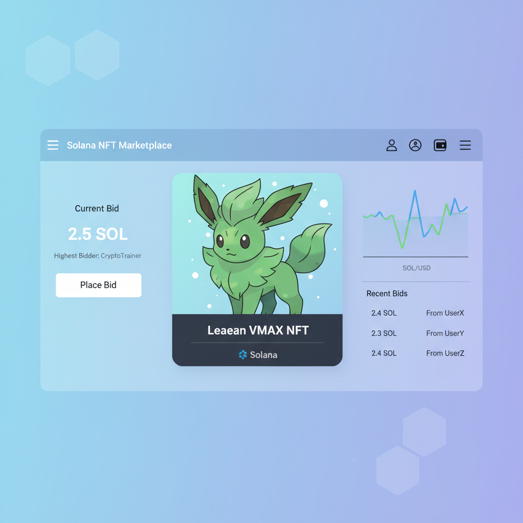 crypto marketplace trading Leafeon VMAX NFT, Solana blockchain interface with bids and charts