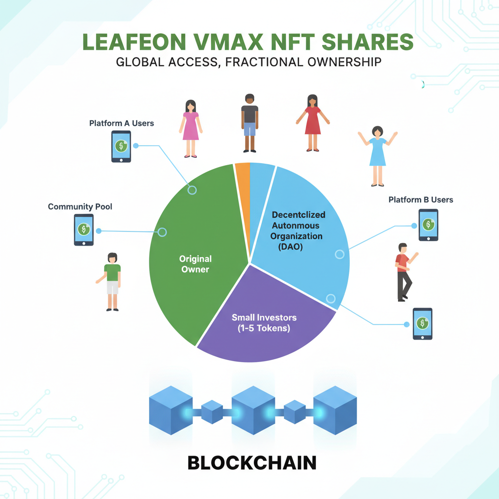 pie chart of fractional NFT shares for Leafeon VMAX Pokemon card, diverse investors accessing tokens, blockchain accessibility theme