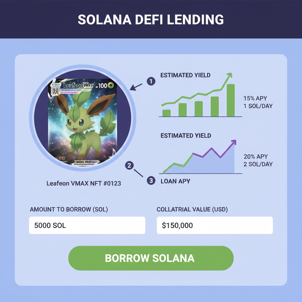 lending dashboard with Pokemon Leafeon VMAX NFT as collateral, yield graphs rising, Solana DeFi interface