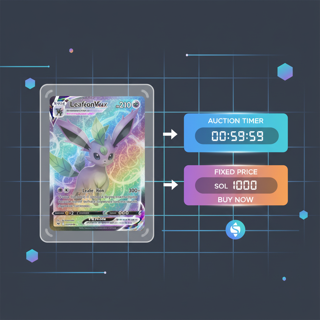 futuristic Solana marketplace UI listing shiny PSA10 Leafeon VMAX Pokemon NFT, auction timer and fixed price buttons glowing