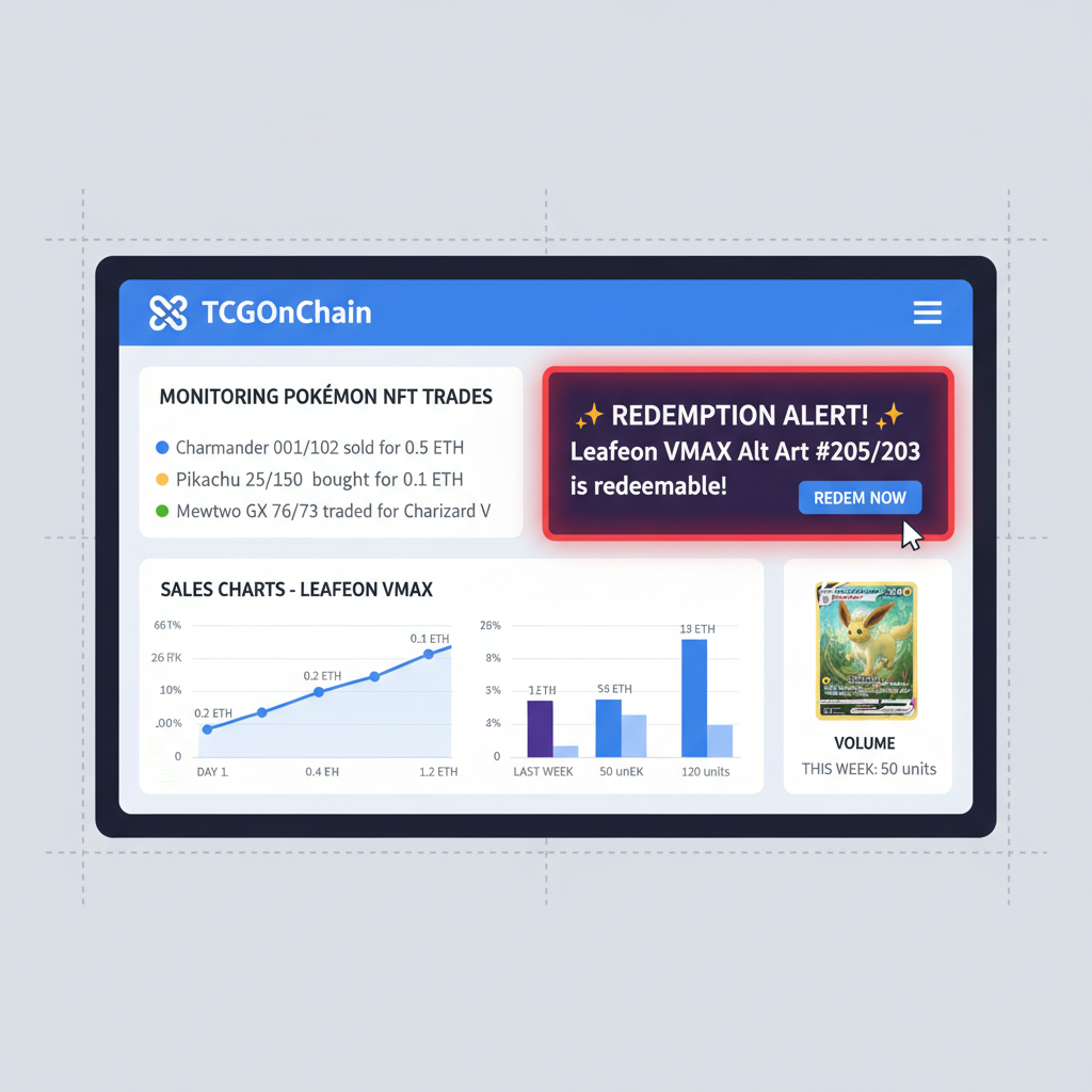 sleek TCGOnChain dashboard monitoring Pokemon NFT trades, redemption alerts, sales charts for Leafeon VMAX