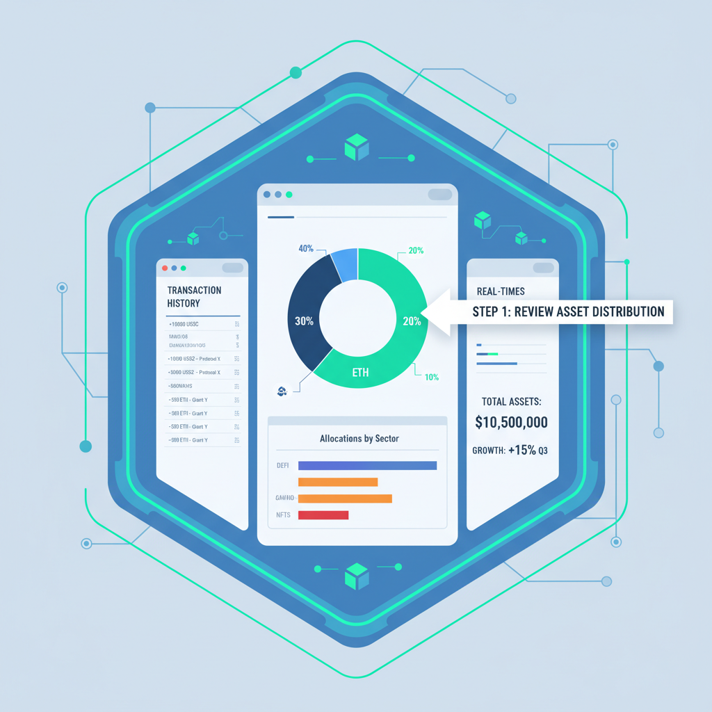 DAO treasury audit dashboard with pie chart of assets, blockchain style, clean professional