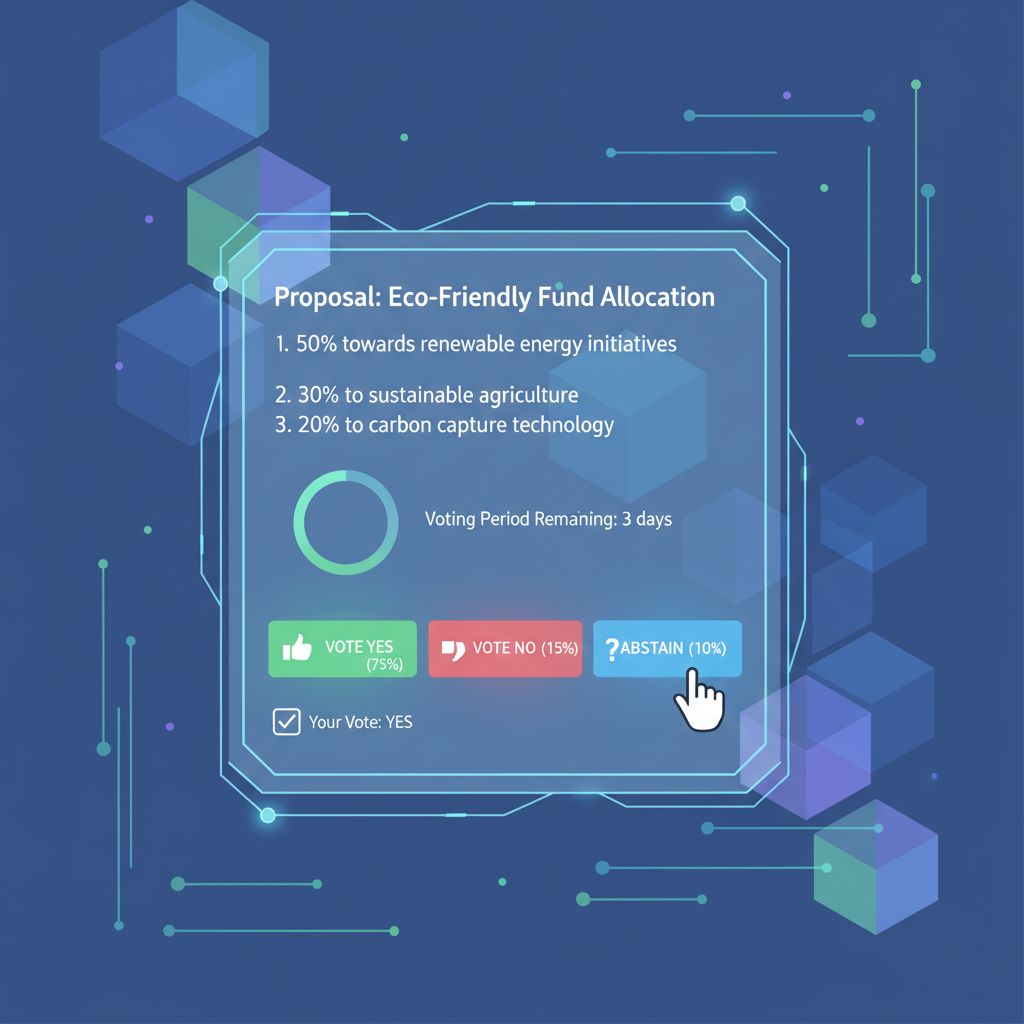 DAO governance proposal document on screen with voting interface, futuristic blockchain theme