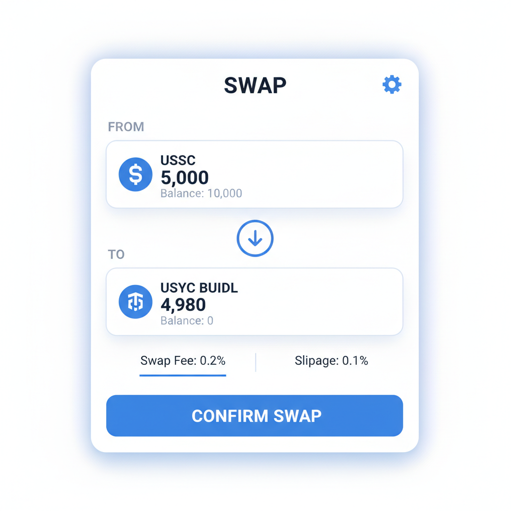 On-chain swap interface acquiring tokenized T-bills USYC BUIDL, DeFi wallet screen