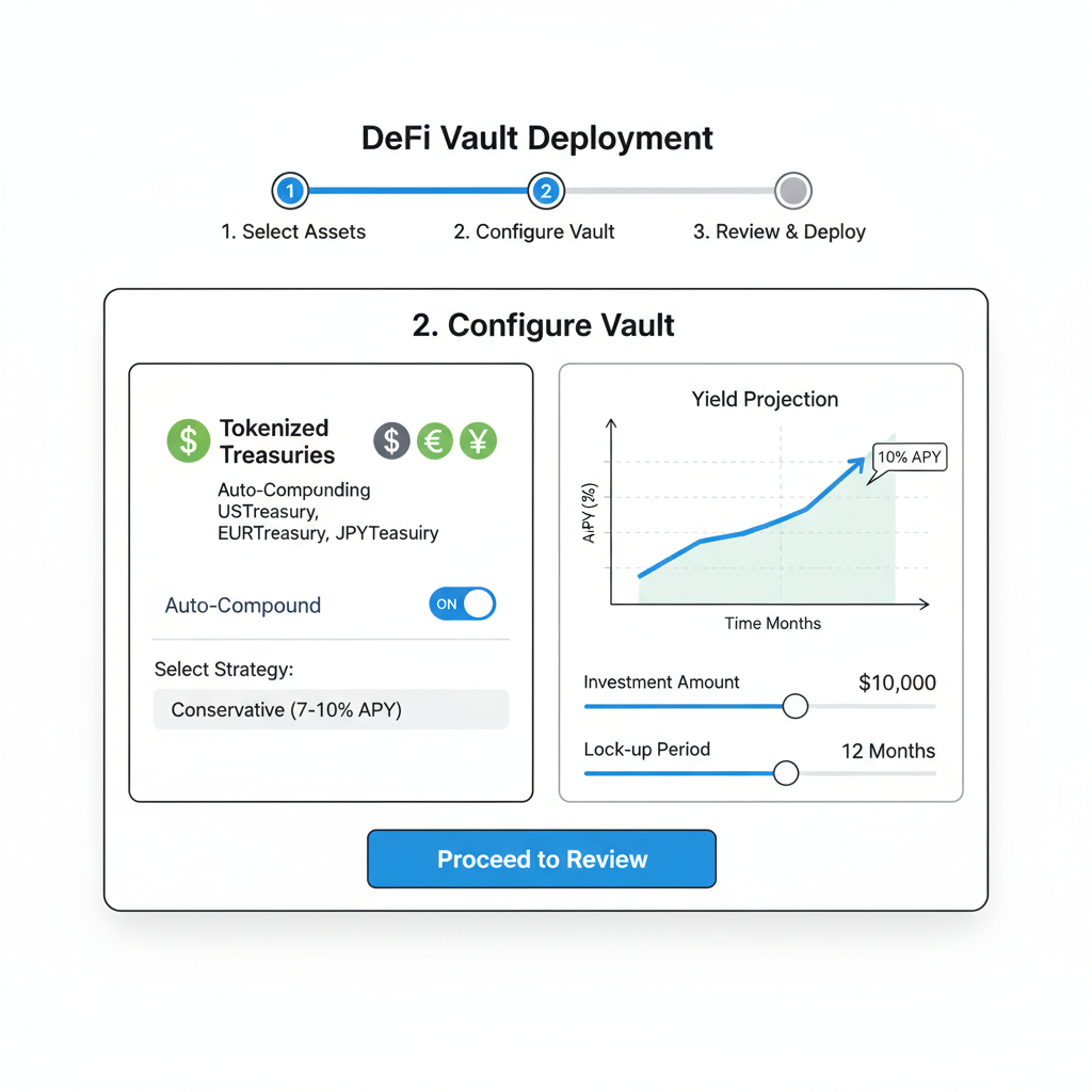 DeFi vault deployment screen with auto-compounding tokenized treasuries, yield graphs