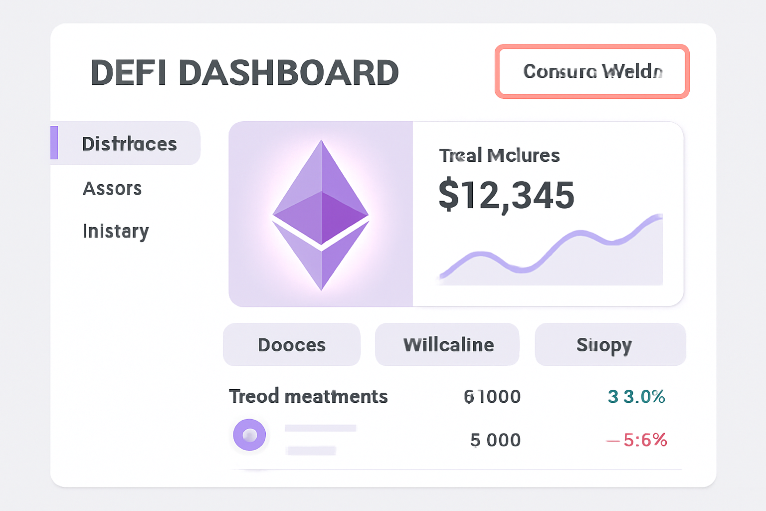 Clean DeFi dashboard with wallet connection button highlighted, Ethereum purple glow, modern UI, upbeat vibe