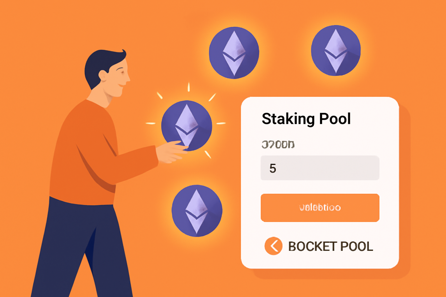User depositing ETH into staking pool interface, glowing ETH icons, Rocket Pool branding, vibrant and secure feel