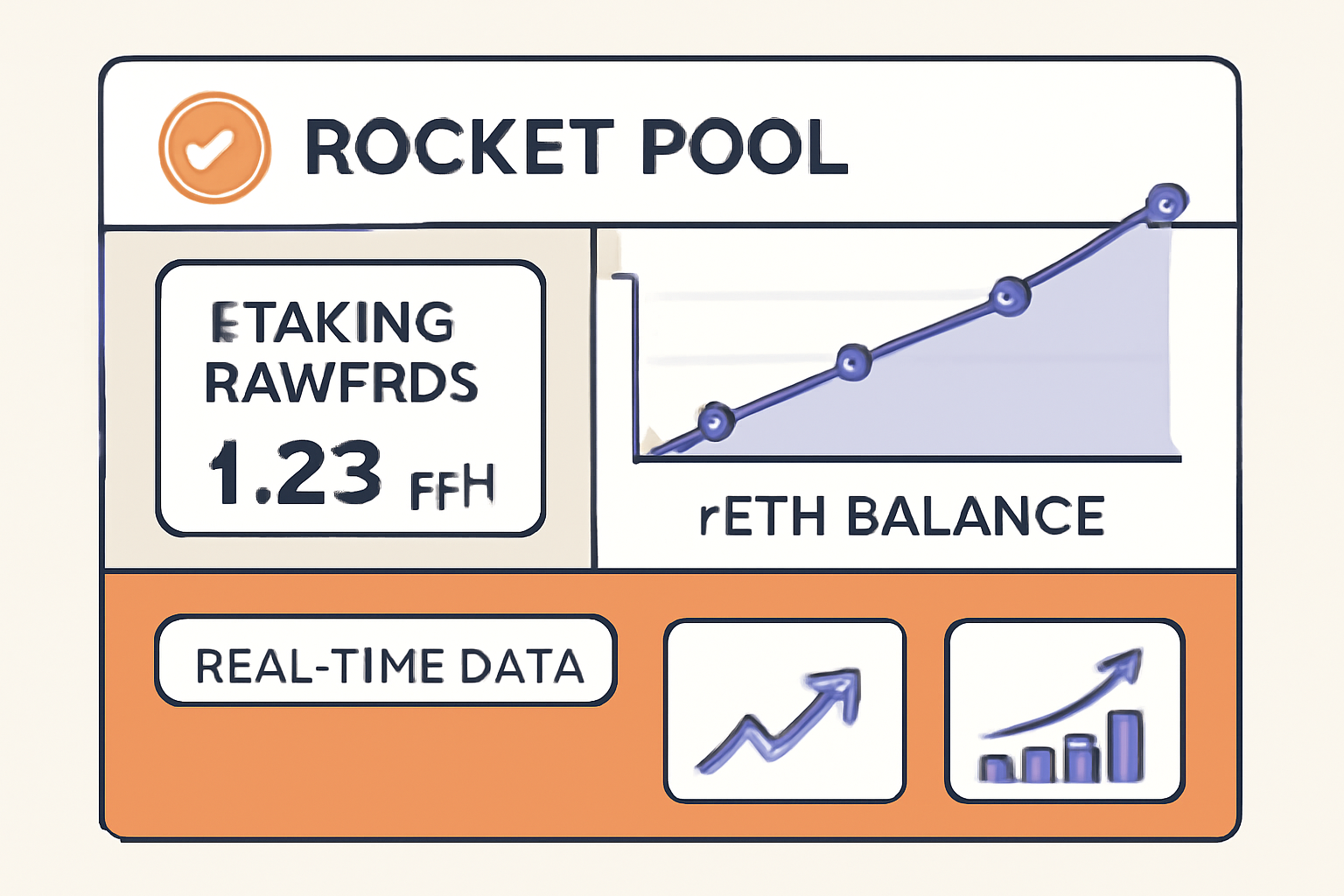 Rocket Pool dashboard showing staking rewards, rETH balance graph climbing, real-time data, motivational charts
