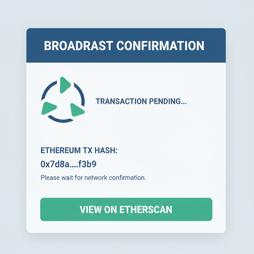 Antidrain broadcast confirmation screen with Ethereum tx hash and pending animation