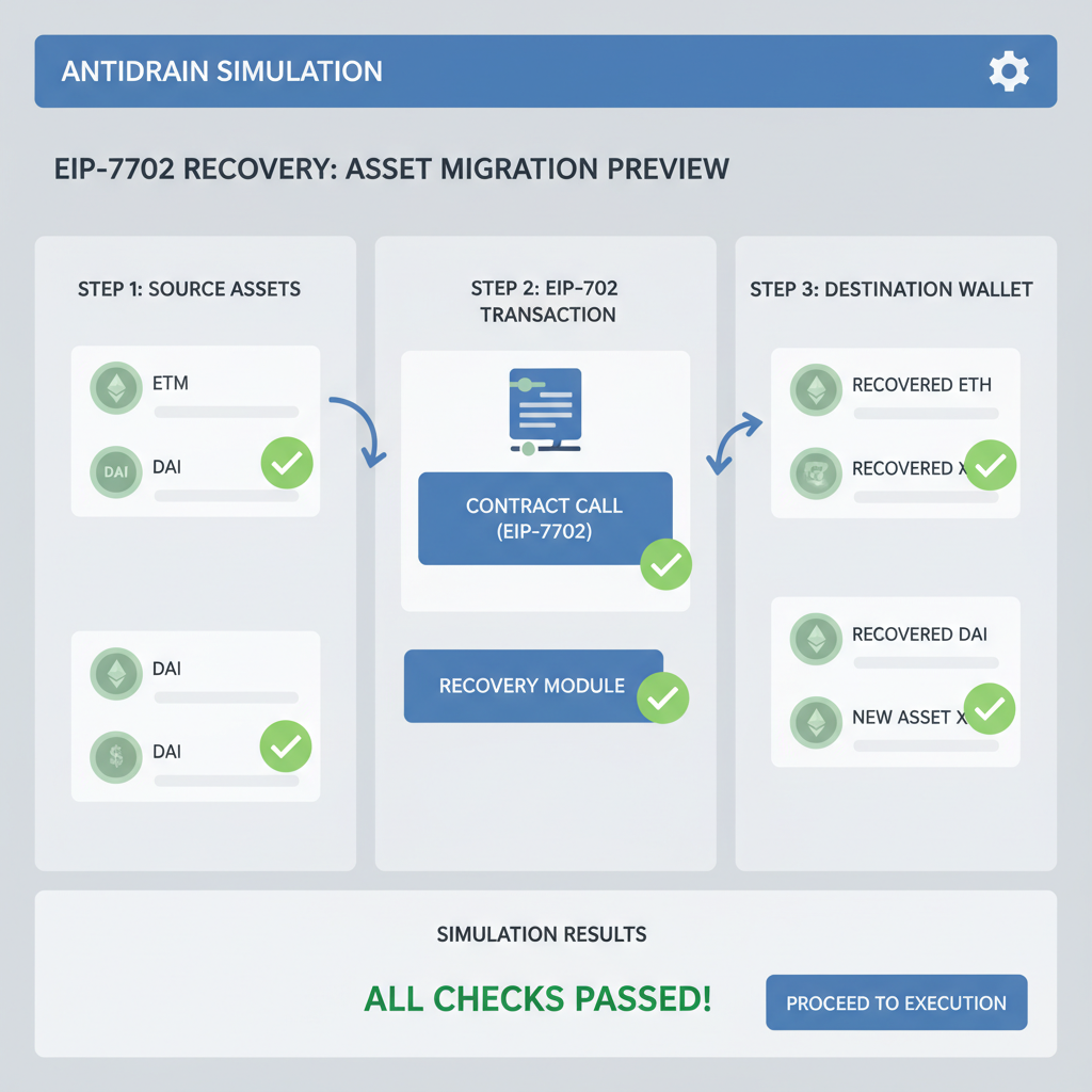 Antidrain simulation interface showing green checkmarks on asset migration preview for EIP-7702 recovery