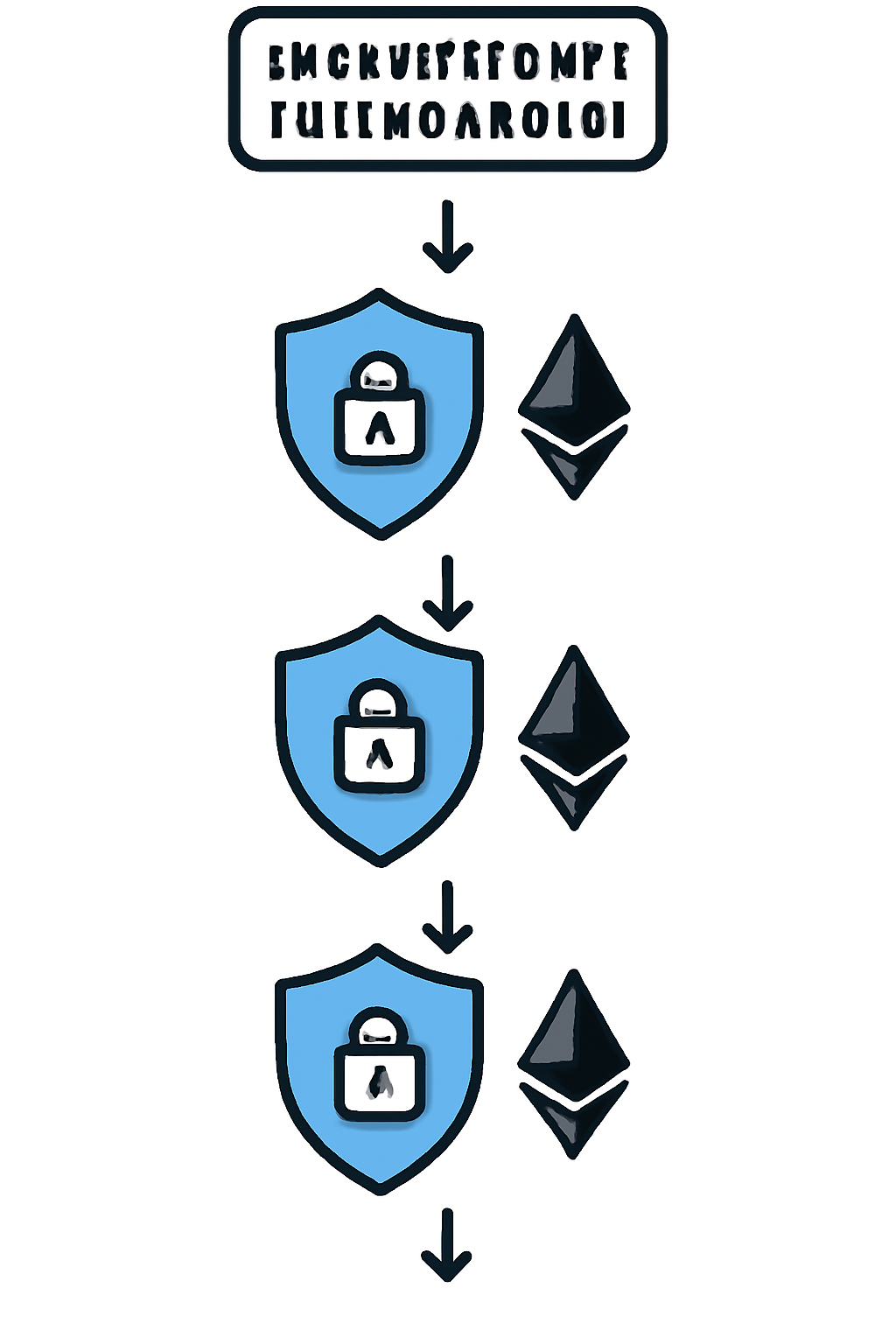 A flowchart showing encrypted data moving through each step, with privacy shields and Ethereum logos at each stage.