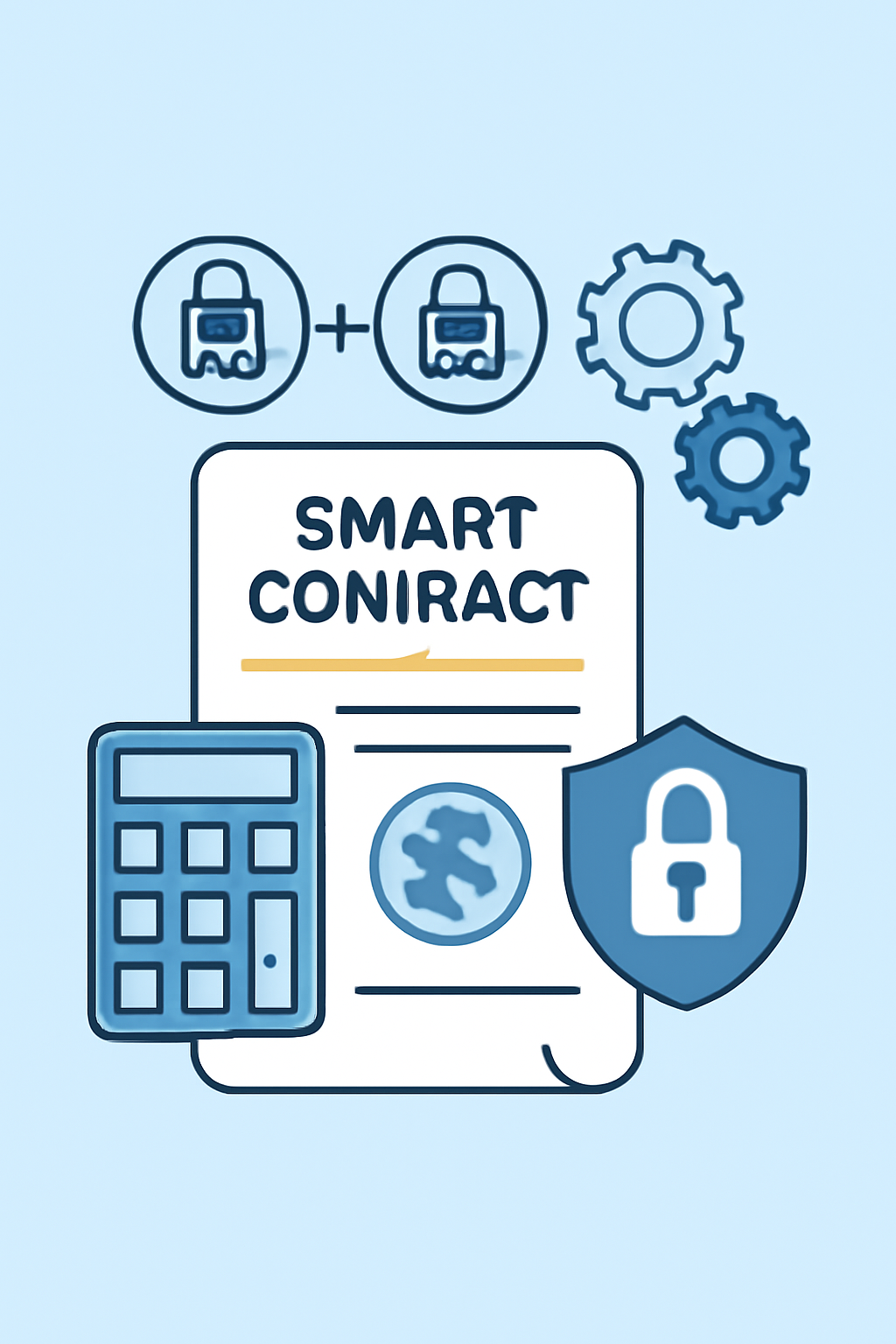 A smart contract (depicted as a digital contract) performing calculations on encrypted numbers, with gears and privacy icons.