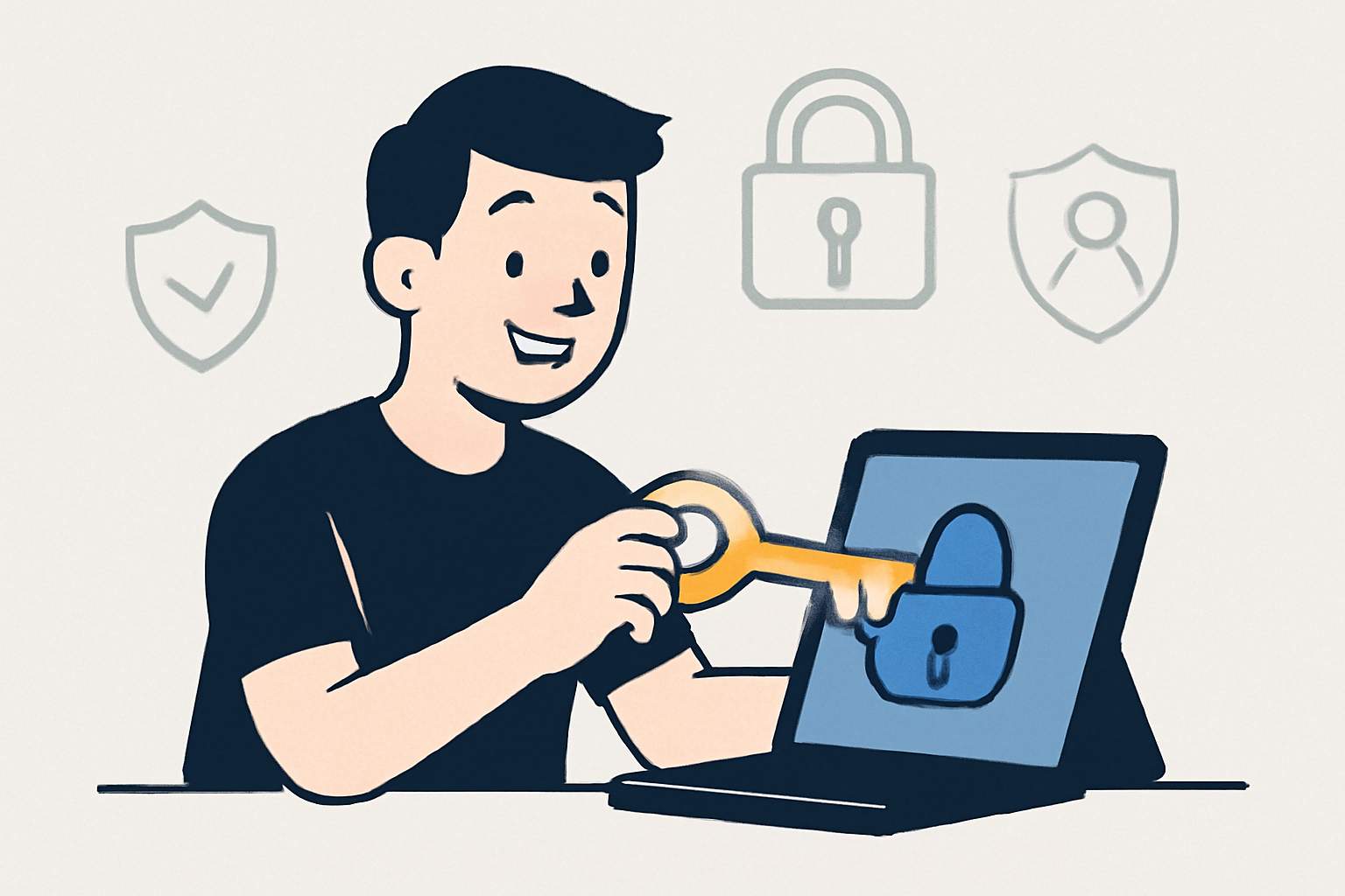 A user unlocking digital data on their device, with a key and a happy expression, privacy icons in the background.