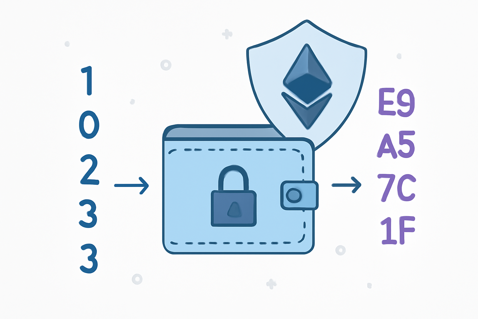 A digital wallet encrypting data, showing numbers turning into ciphertext, with a shield and Ethereum logo in the background.