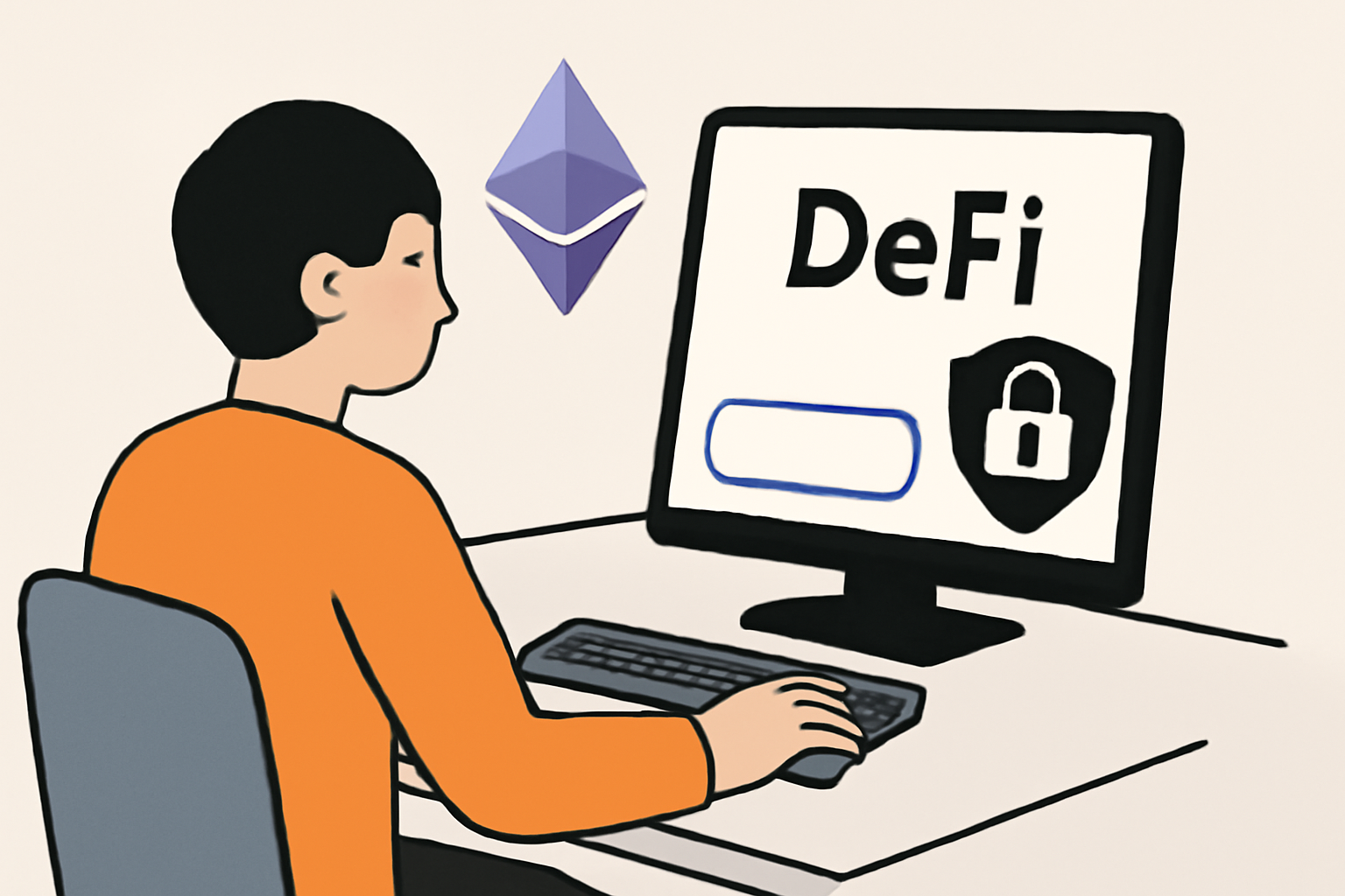 A person at a computer preparing a DeFi transaction, with icons for Ethereum and privacy, and a lock symbol indicating privacy.