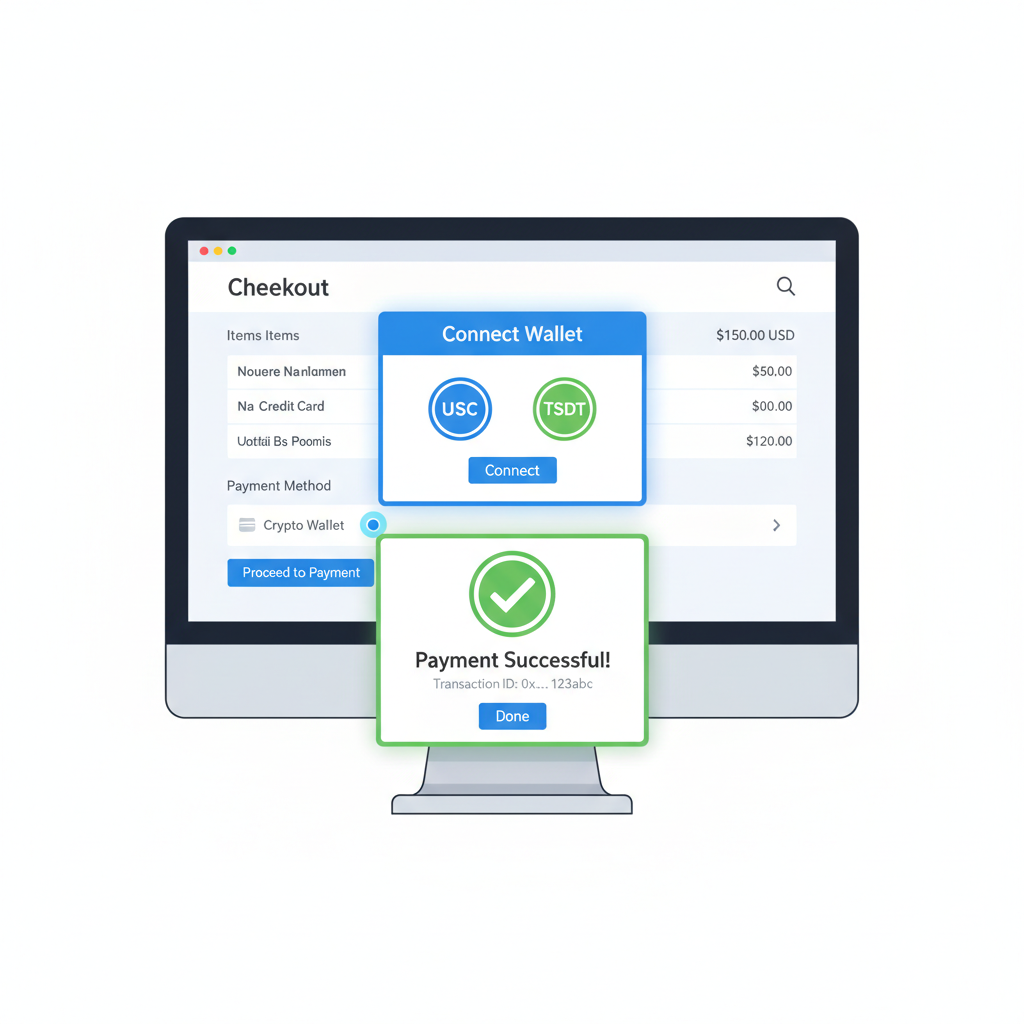 test checkout screen on ecommerce site paying with usdc usdt wallet popup success