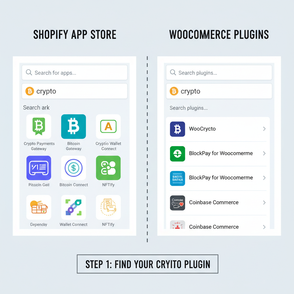 split screen shopify app store and woocommerce plugins page with crypto search bars