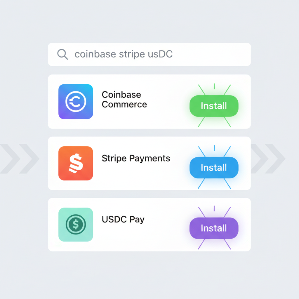 shopify app store search results for coinbase stripe usdc with install buttons glowing