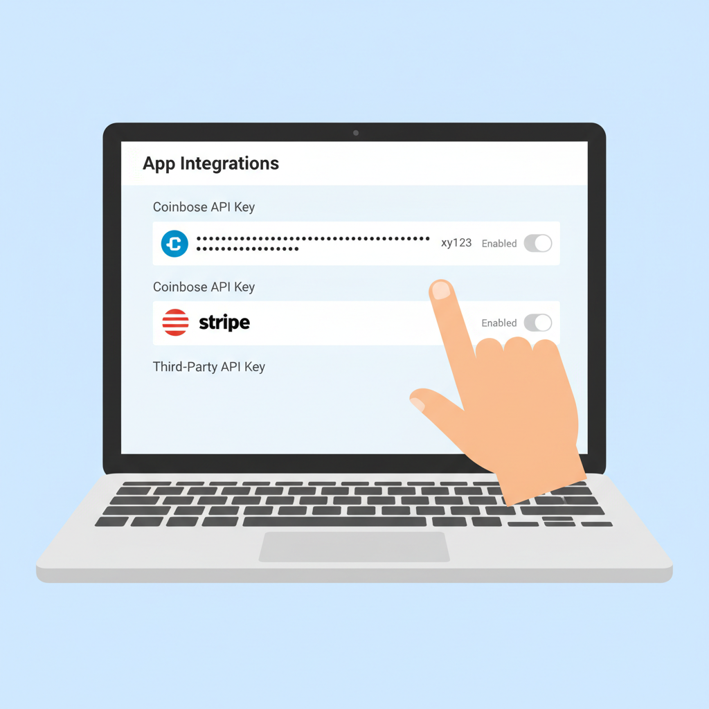 hand typing api key into shopify app settings dashboard with coinbase stripe logos