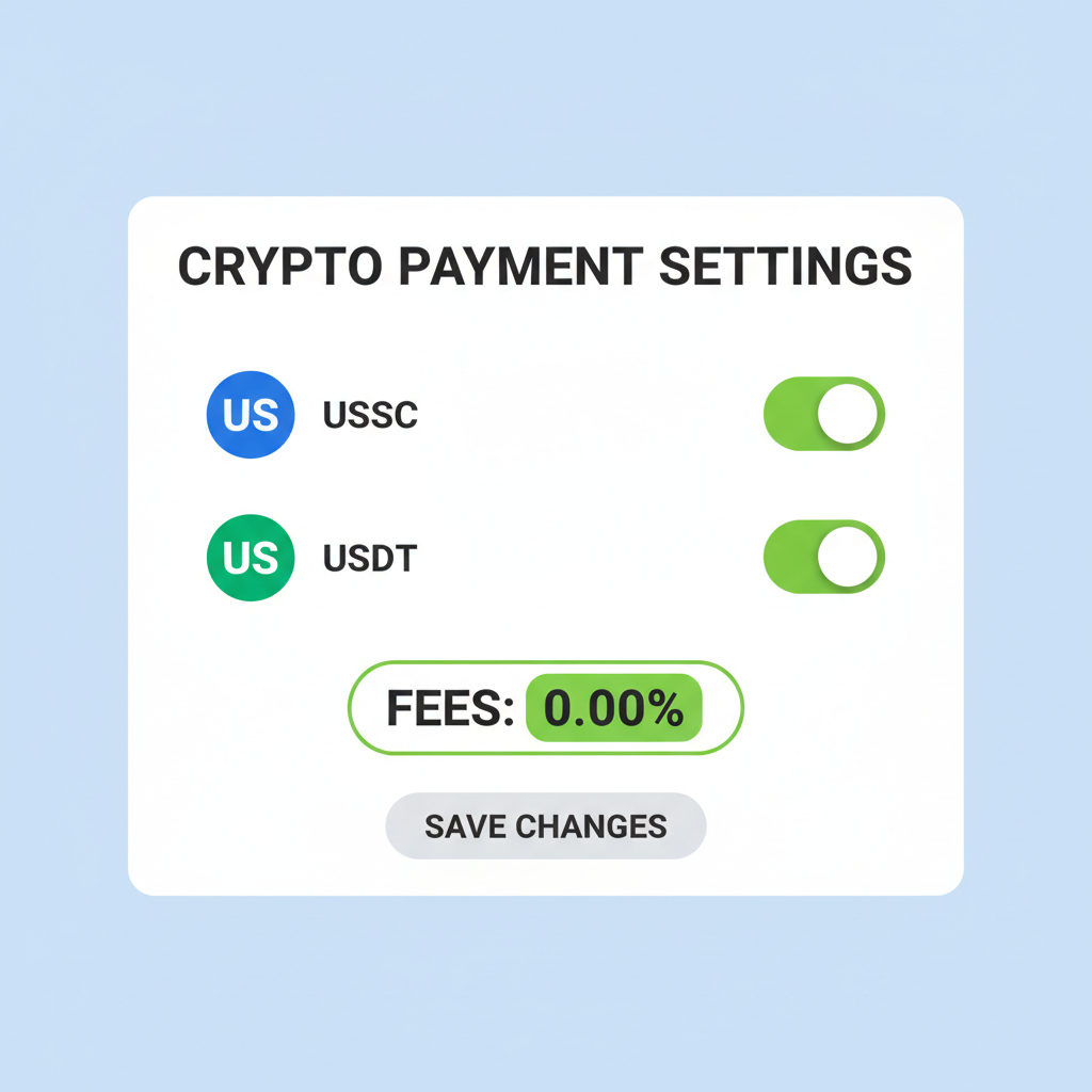 crypto payment settings panel with usdc usdt toggles checked and zero fees highlighted
