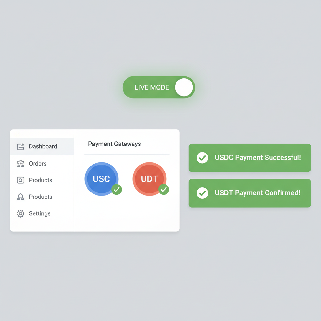 ecommerce dashboard green live mode switch with usdc usdt payment success notifications