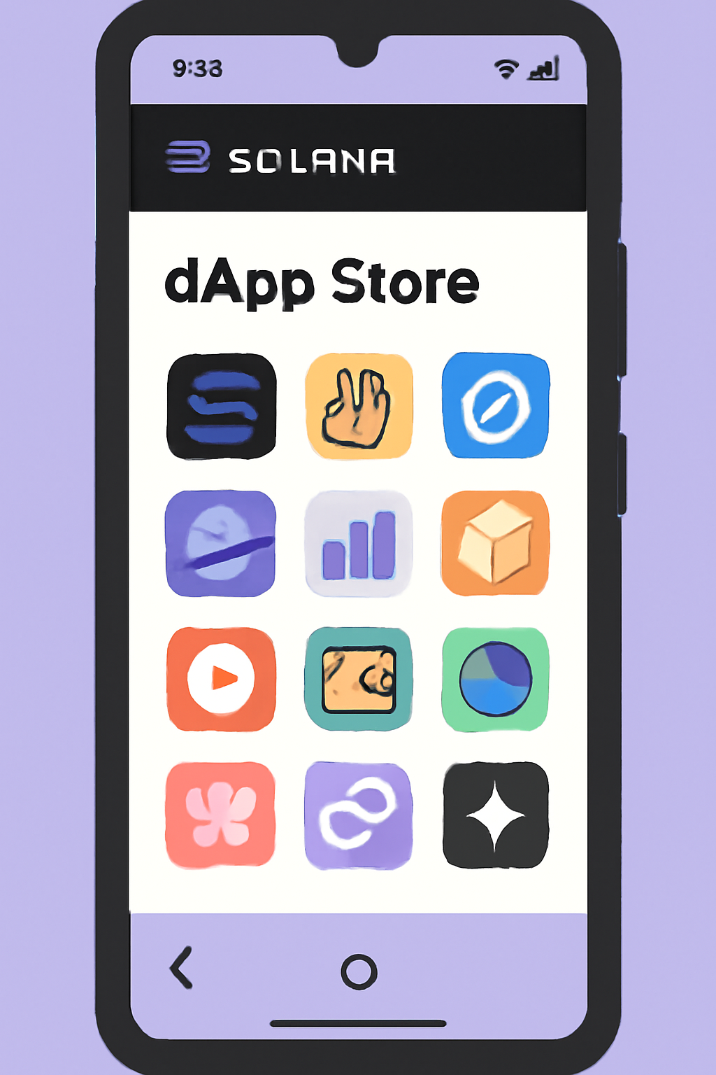 A Solana Saga phone screen displaying the Solana dApp Store with various app icons.