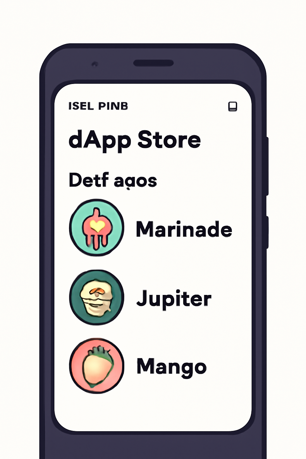 A Solana Saga phone displaying DeFi apps like Marinade, Jupiter, and Mango in the dApp Store.