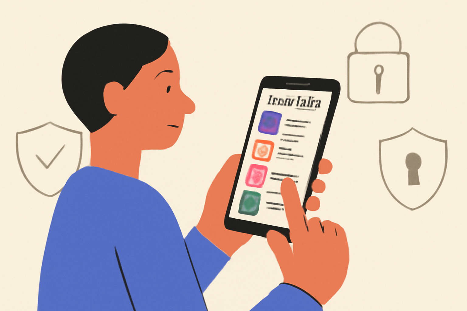 A user browsing new dApps on the Solana Saga phone, with security icons in the background.