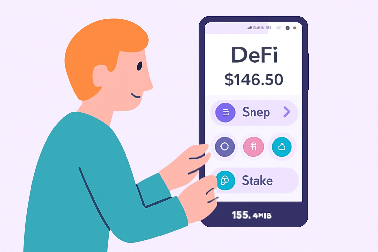 A user interacting with a DeFi app on the Solana Saga phone, swapping tokens or staking SOL, with current price displayed.