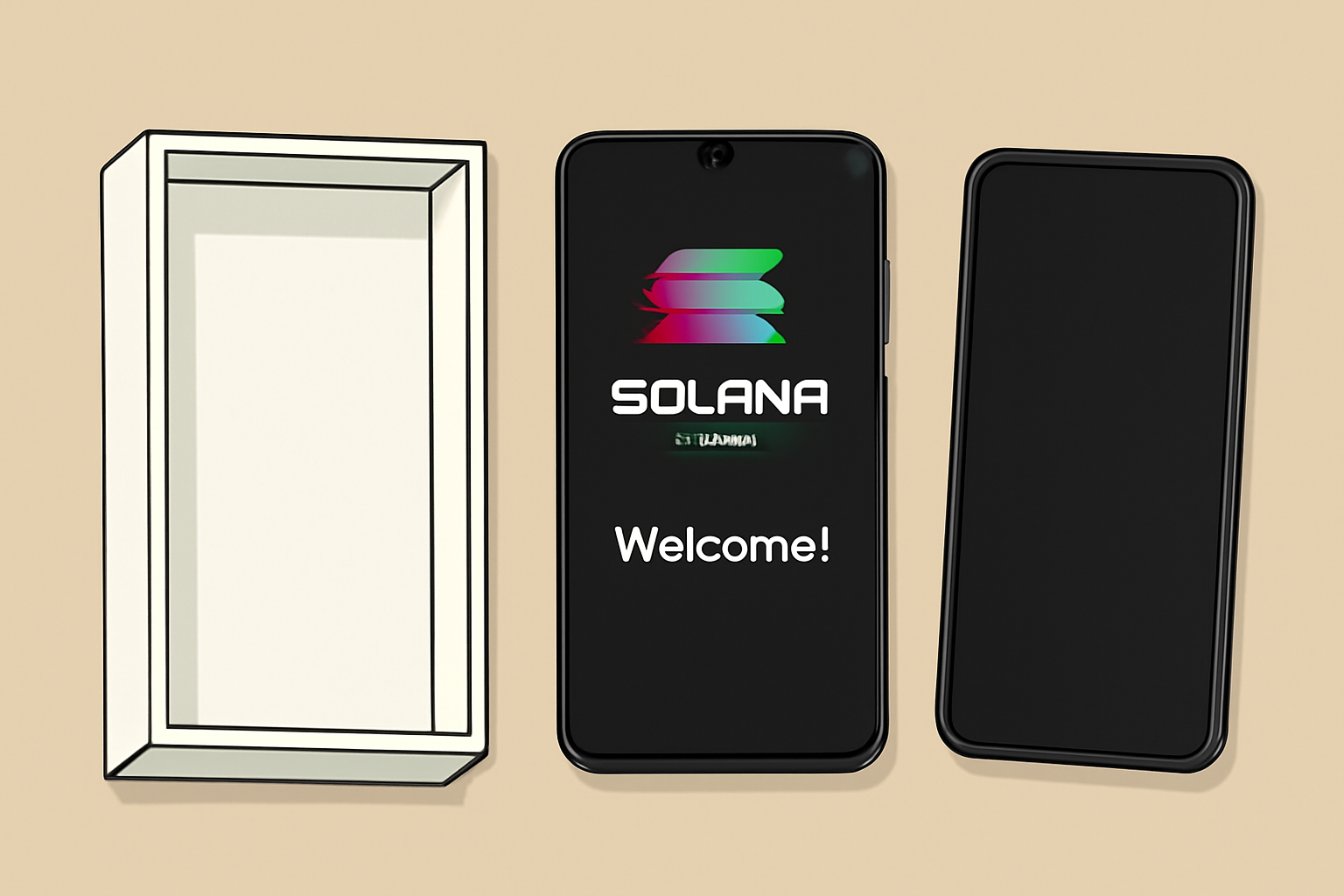 A new Solana Saga phone being unboxed and powered on, with a welcoming startup screen.