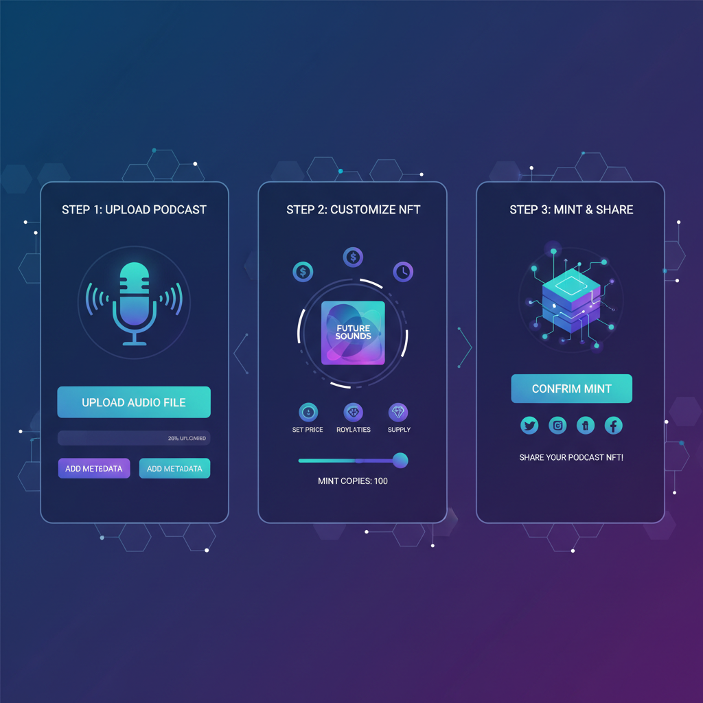 sleek blockchain platform dashboard for podcast NFT minting, futuristic UI with podcast icons