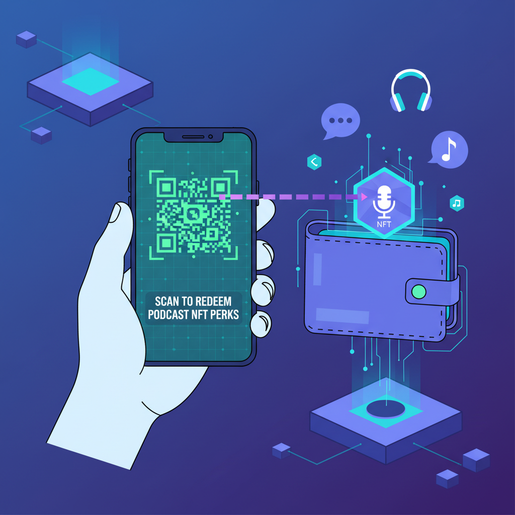 smartphone scanning wallet QR code to redeem podcast NFT perks, metaverse style
