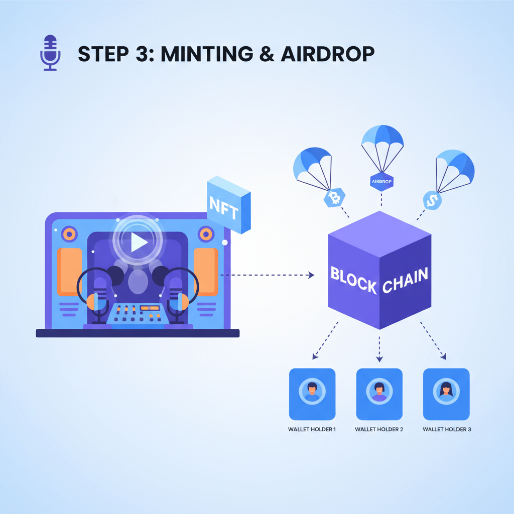 NFT minting animation with airdrop parachutes to wallet holders, podcast theme
