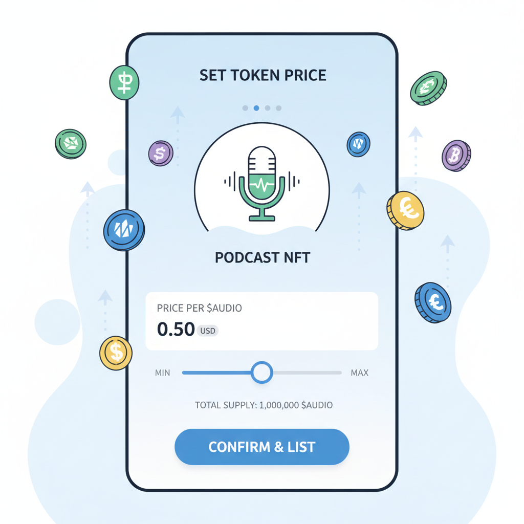 digital wallet interface setting social token price for podcast NFT, token icons flowing