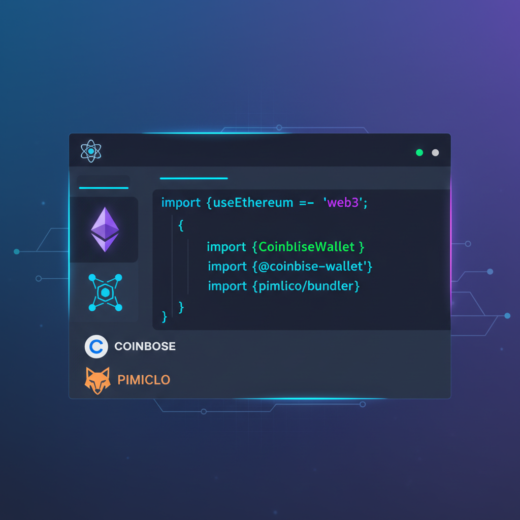 sleek React code editor with Ethereum icons, Coinbase and Pimlico logos glowing, futuristic neon UI