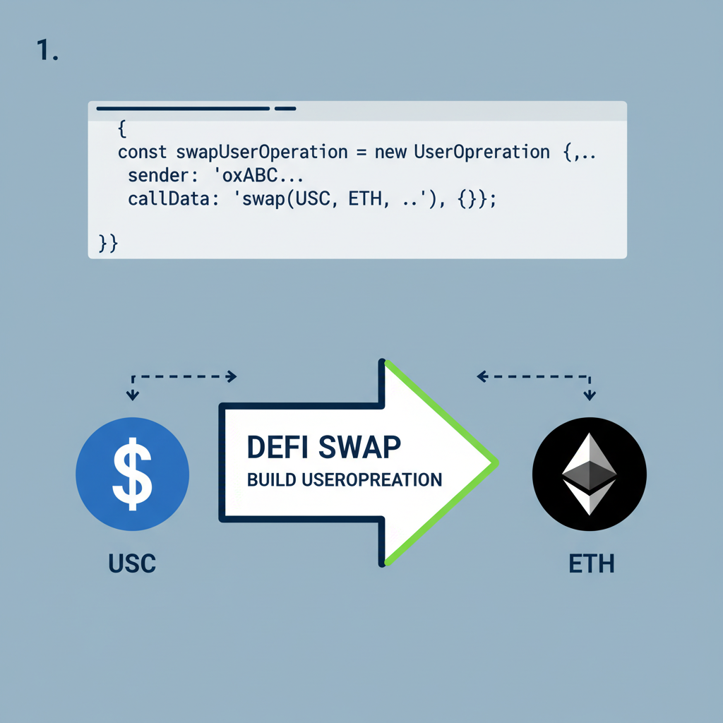 code snippet building UserOperation, DeFi swap arrows USDC to ETH, vibrant token icons
